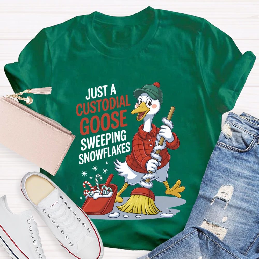 Just A Custodial Goose Sweeping Snowflakes School Custodian Christmas T-shirt