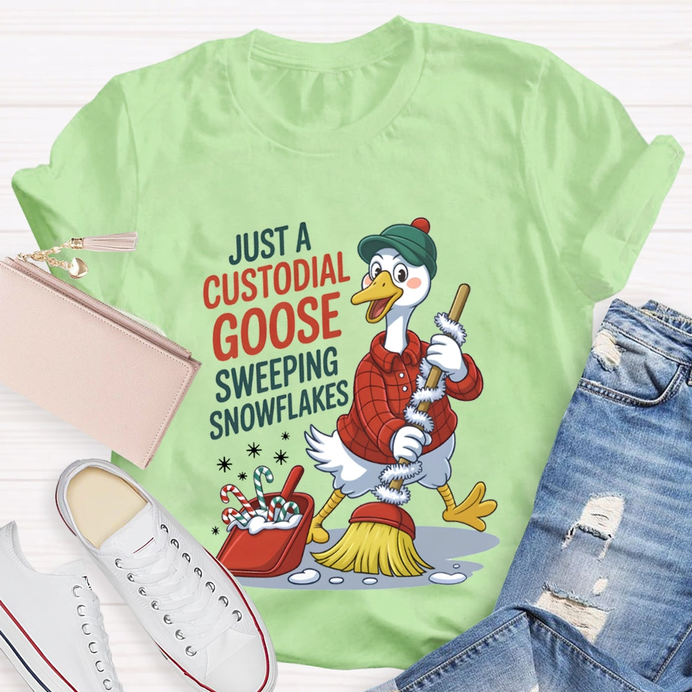 Just A Custodial Goose Sweeping Snowflakes School Custodian Christmas T-shirt