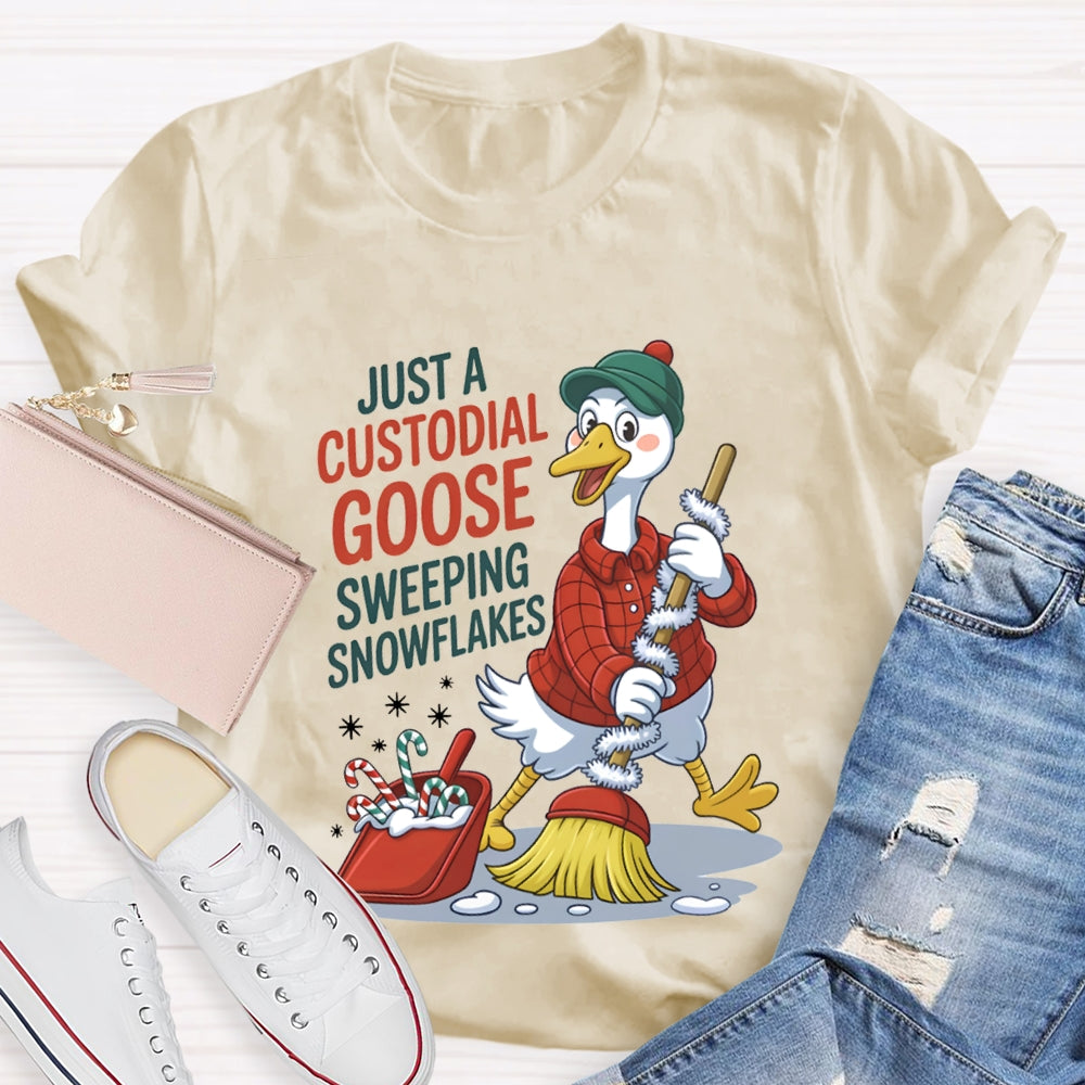 Just A Custodial Goose Sweeping Snowflakes School Custodian Christmas T-shirt