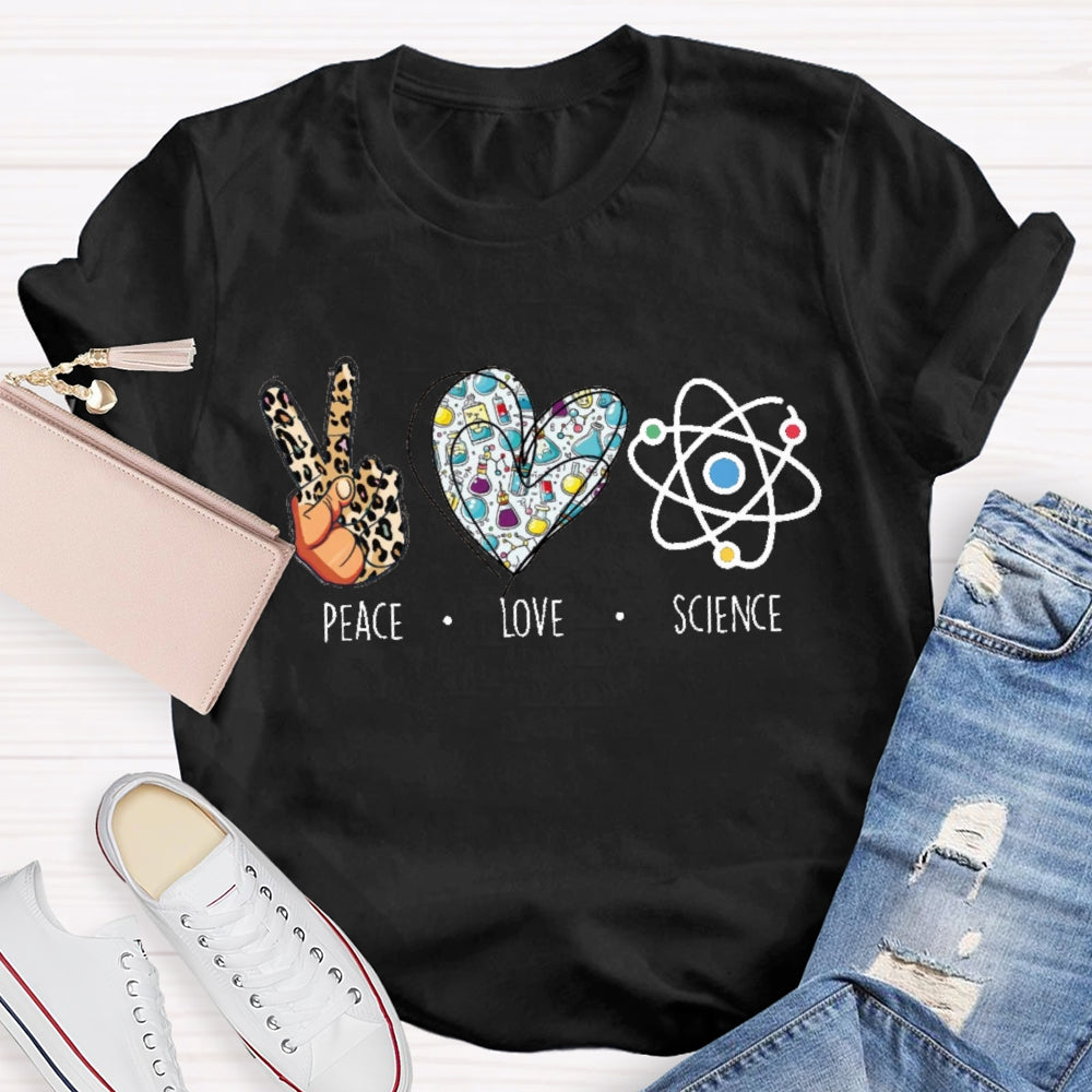 Peace Love Science Leopard Print Handprints And Colorful Hearts T-shirt