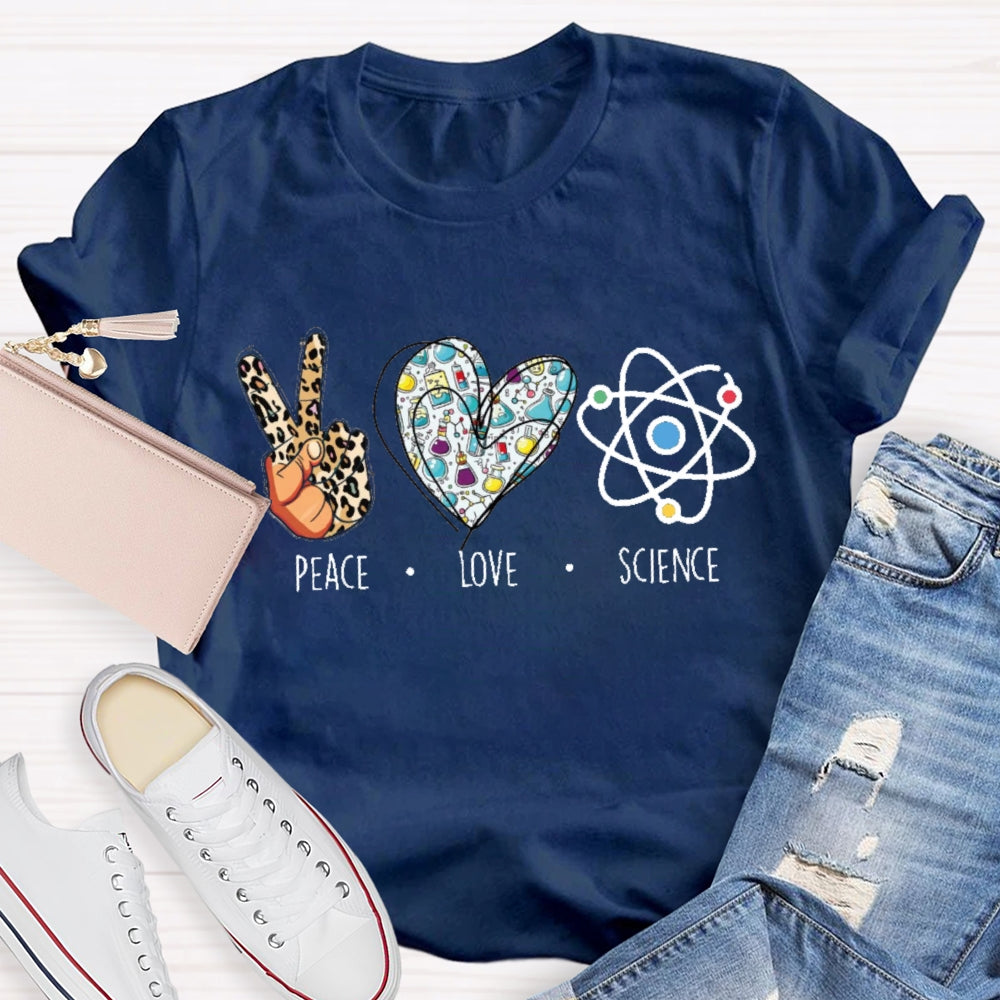 Peace Love Science Leopard Print Handprints And Colorful Hearts T-shirt