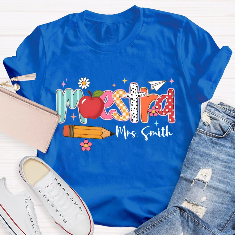 Personalized Name Maestra Apple And Pencil Bilingual Teacher T-shirt
