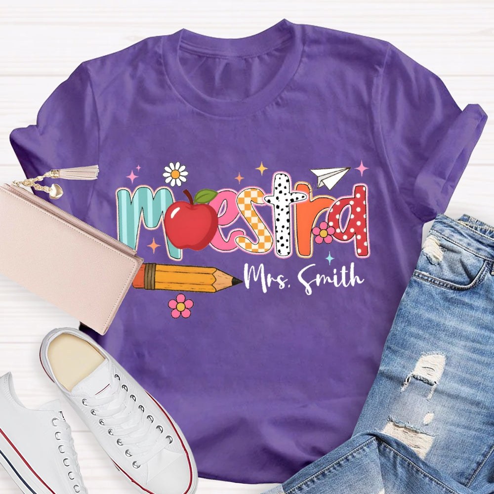 Personalized Name Maestra Apple And Pencil Bilingual Teacher T-shirt