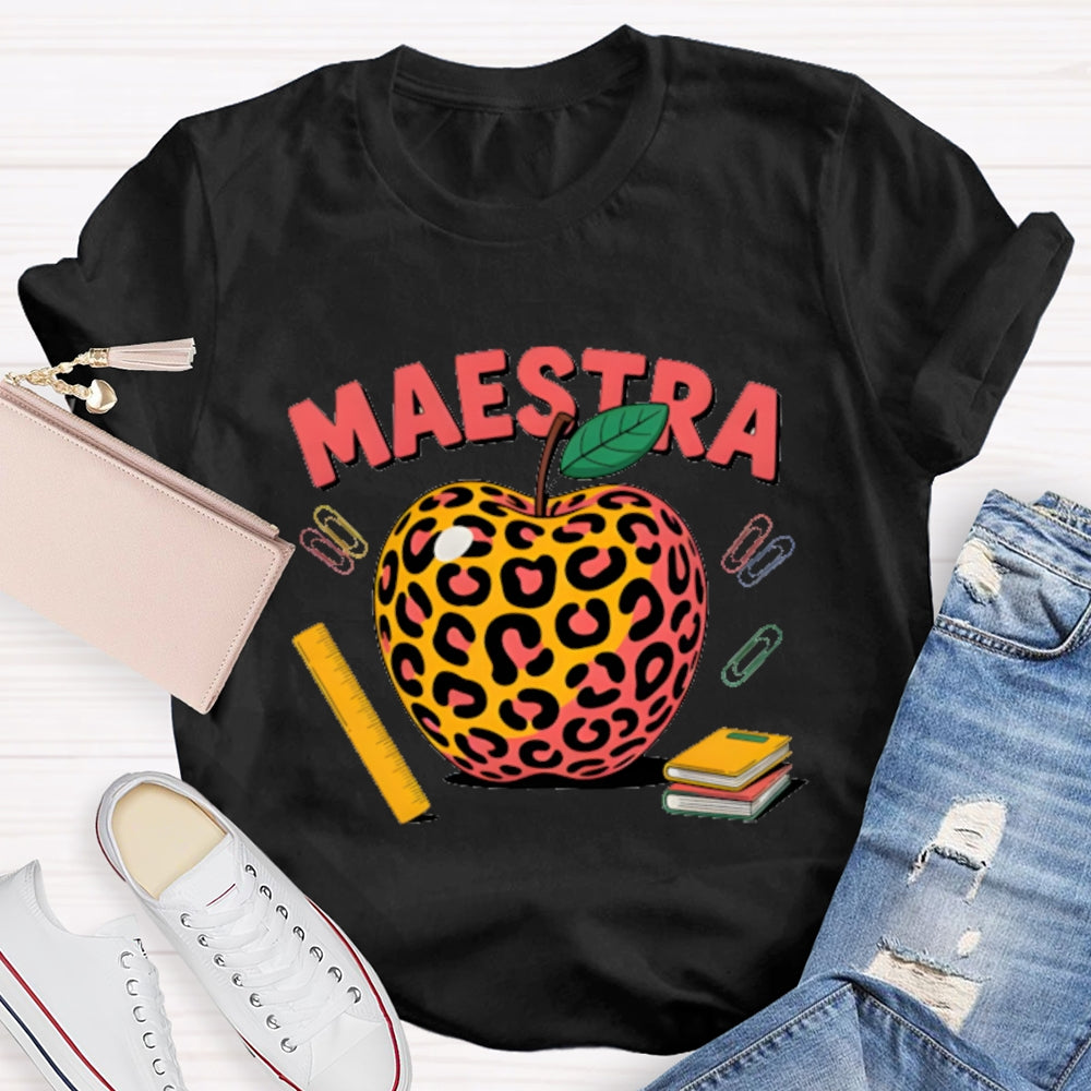 Maestra Leopard Apple Bilingual Teacher T-shirt