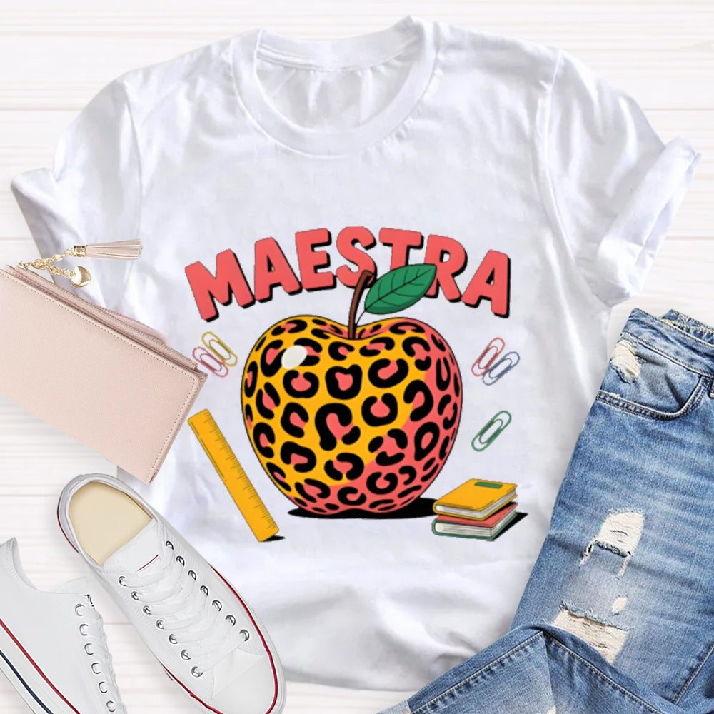 Maestra Leopard Apple Bilingual Teacher T-shirt
