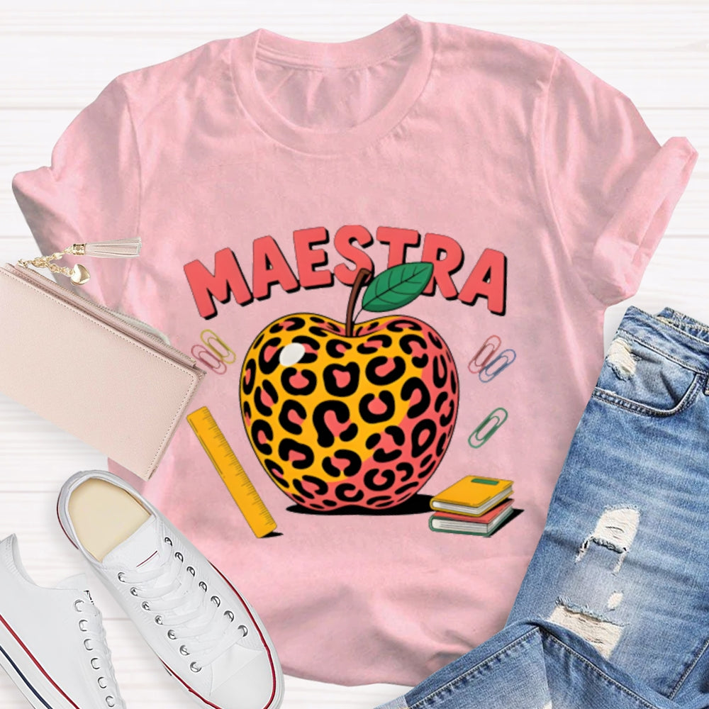 Maestra Leopard Apple Bilingual Teacher T-shirt