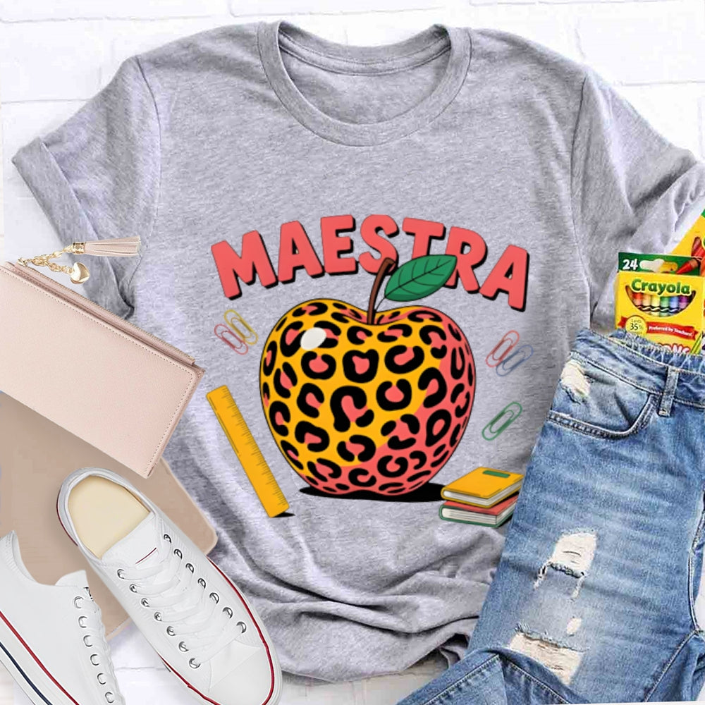 Maestra Leopard Apple Bilingual Teacher T-shirt