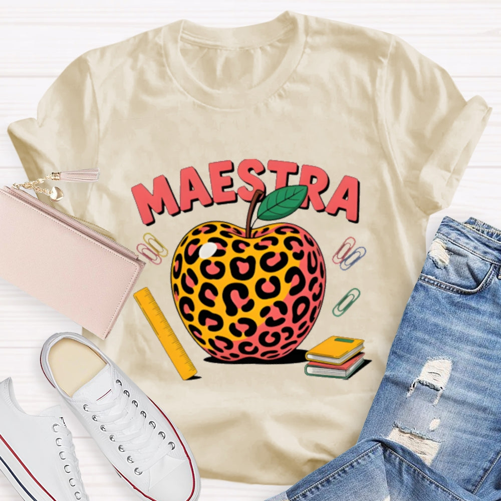 Maestra Leopard Apple Bilingual Teacher T-shirt