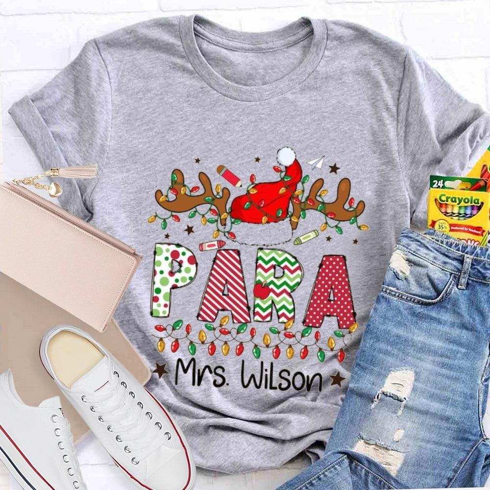 Personalized Name Para Deer Antlers Santa Hat And Christmas Lights T-shirt