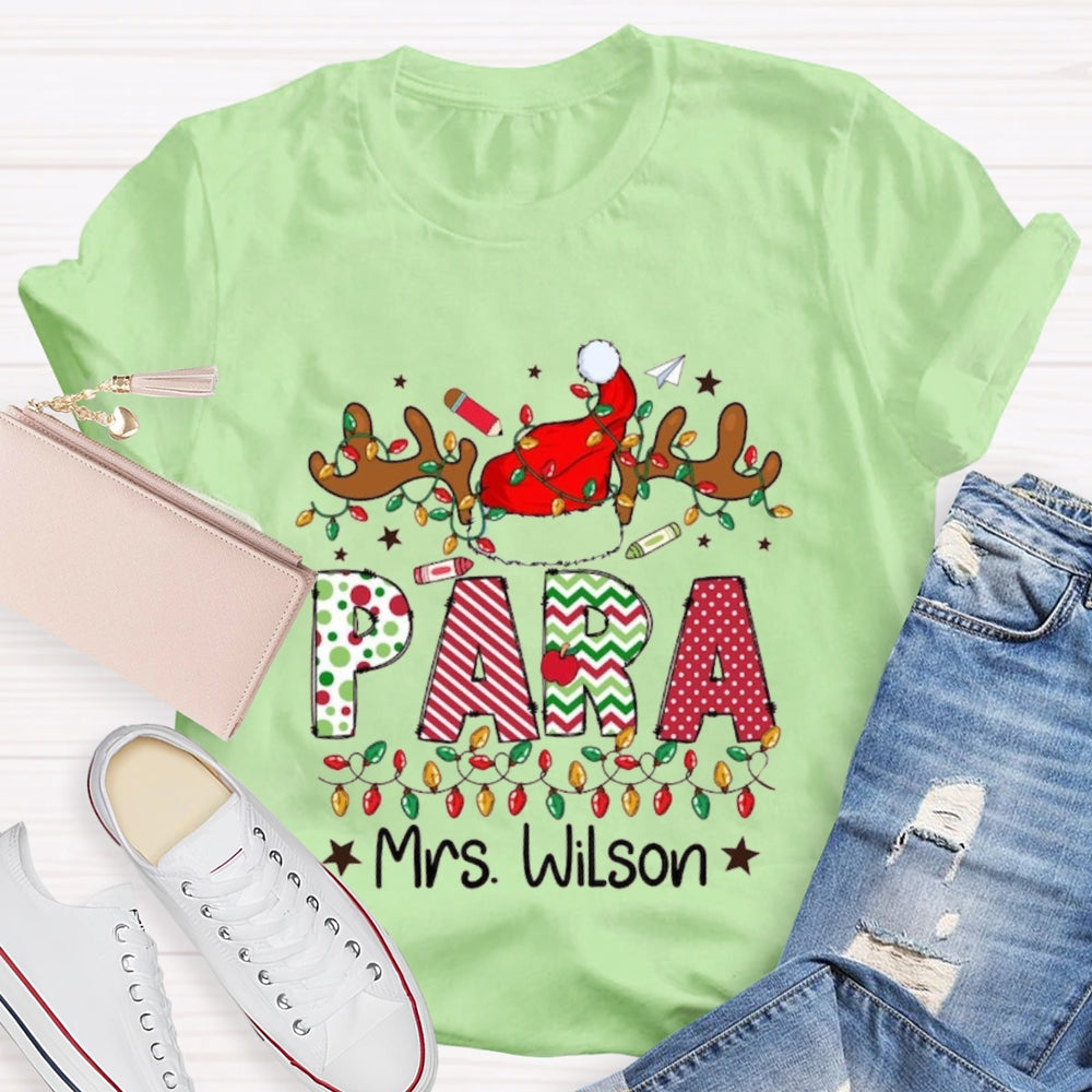 Personalized Name Para Deer Antlers Santa Hat And Christmas Lights T-shirt