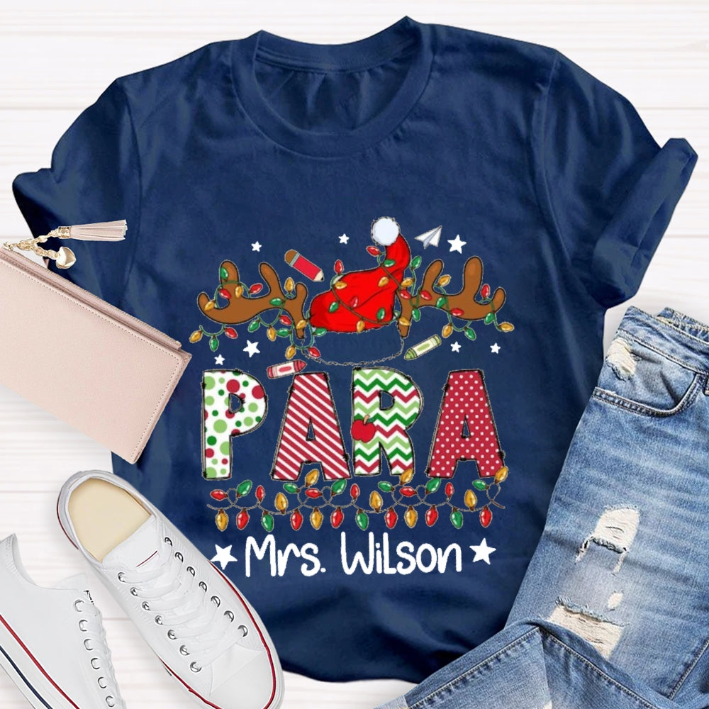 Personalized Name Para Deer Antlers Santa Hat And Christmas Lights T-shirt