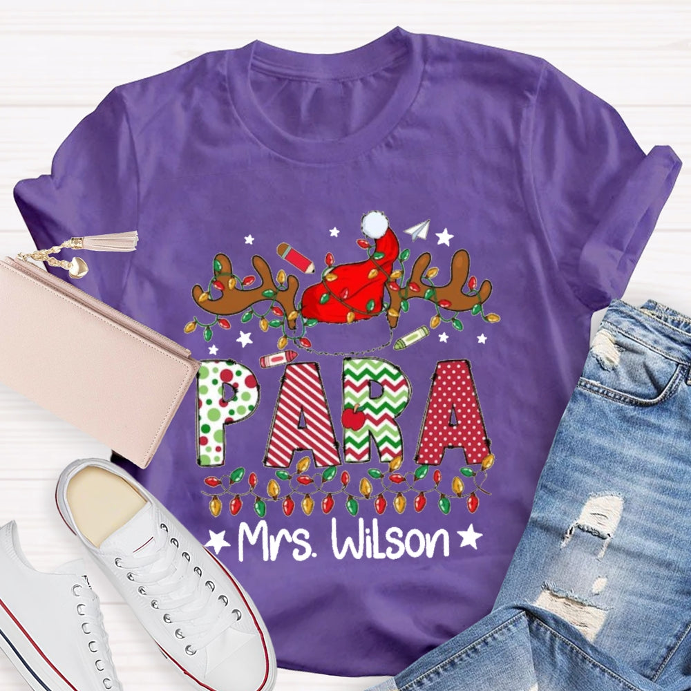 Personalized Name Para Deer Antlers Santa Hat And Christmas Lights T-shirt