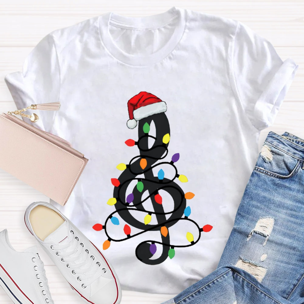 Musical Notes Wrapped Around Christmas Lights Music Teacher Christmas T-shirt