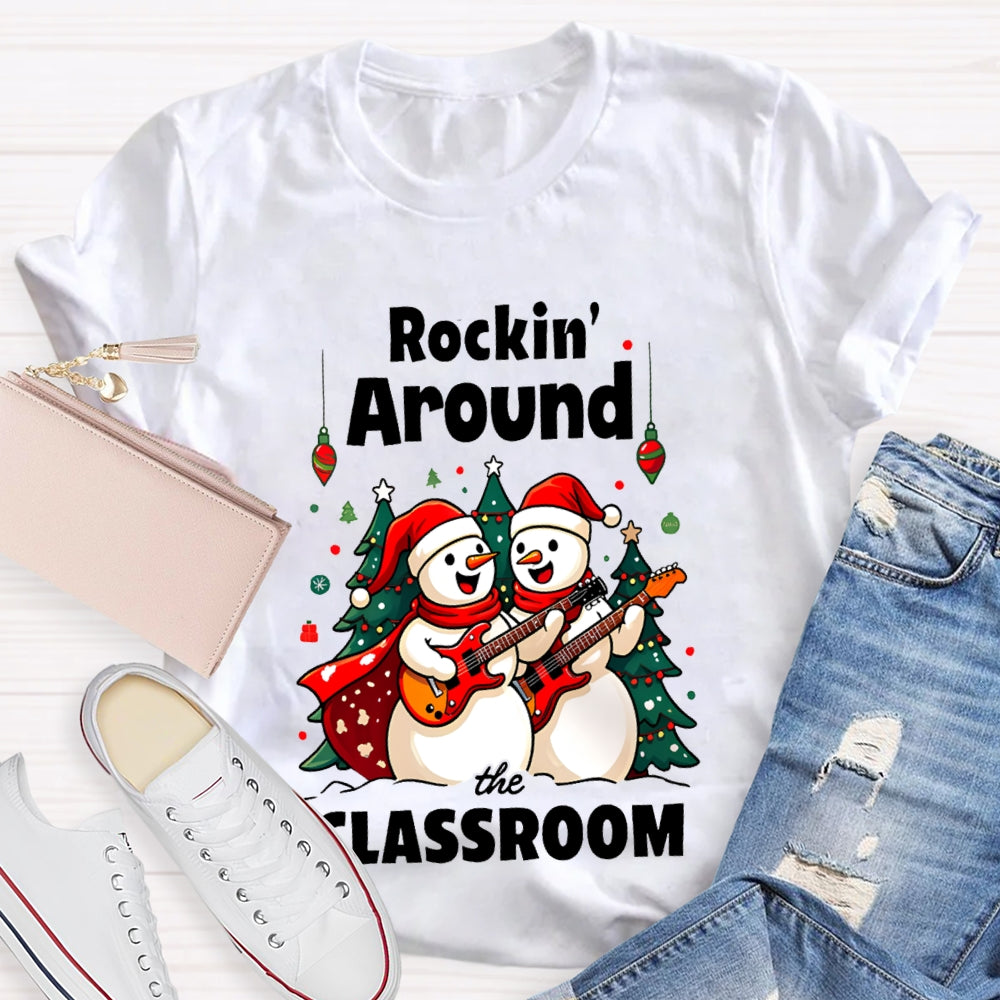 Rockin Around The Classroom Snowman Playing Guitar Christmas T-shirt