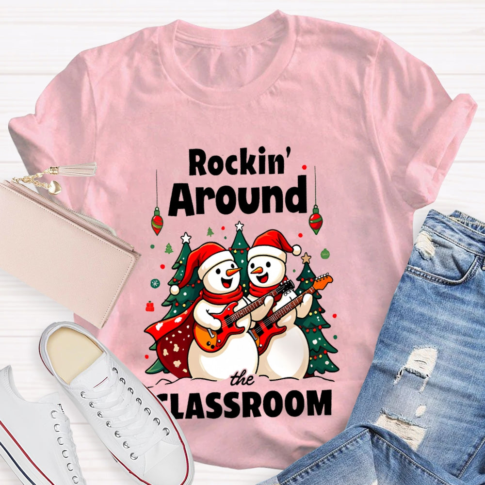 Rockin Around The Classroom Snowman Playing Guitar Christmas T-shirt