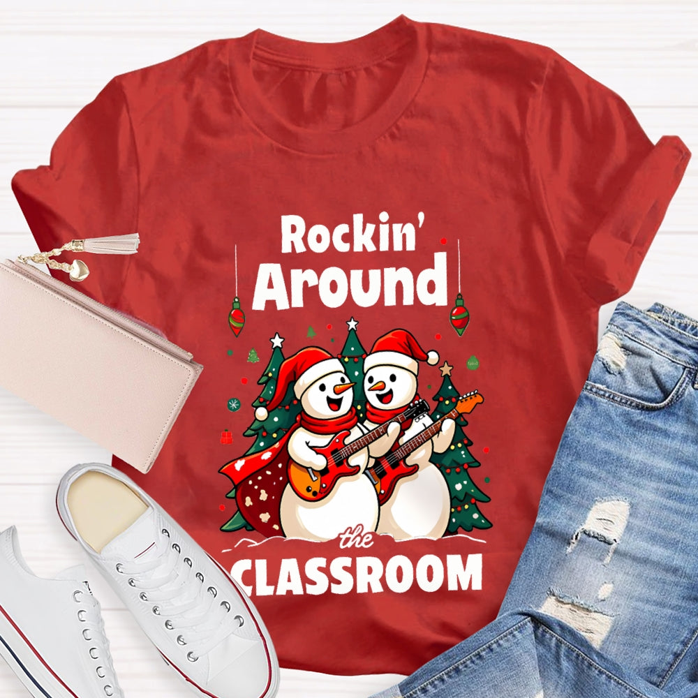 Rockin Around The Classroom Snowman Playing Guitar Christmas T-shirt