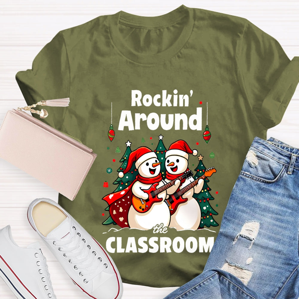 Rockin Around The Classroom Snowman Playing Guitar Christmas T-shirt