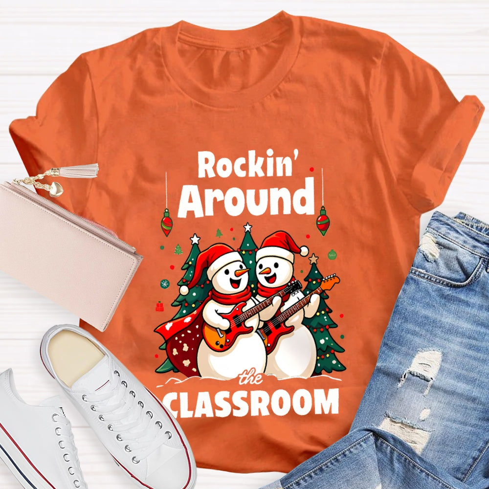 Rockin Around The Classroom Snowman Playing Guitar Christmas T-shirt