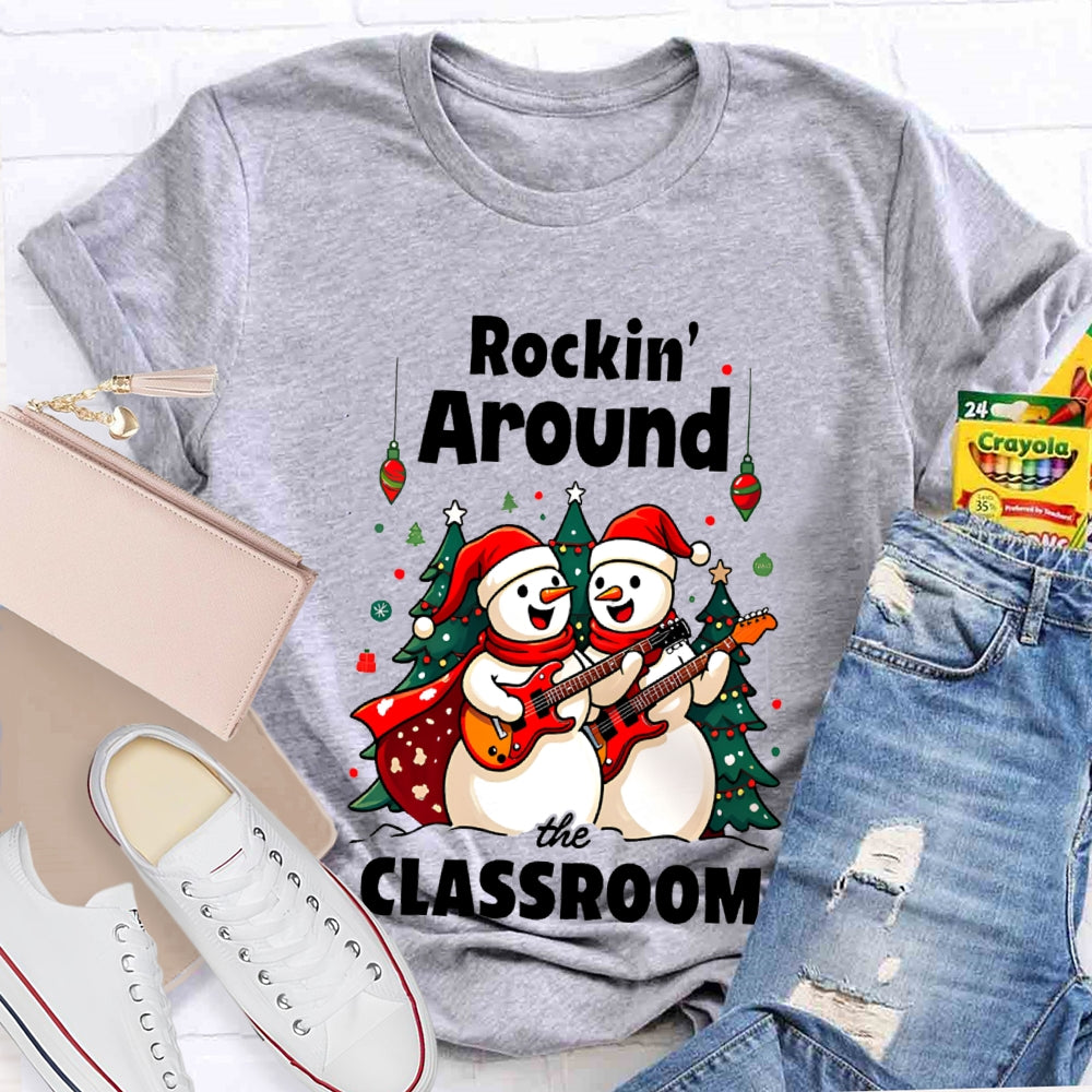 Rockin Around The Classroom Snowman Playing Guitar Christmas T-shirt