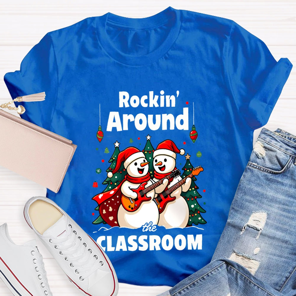 Rockin Around The Classroom Snowman Playing Guitar Christmas T-shirt