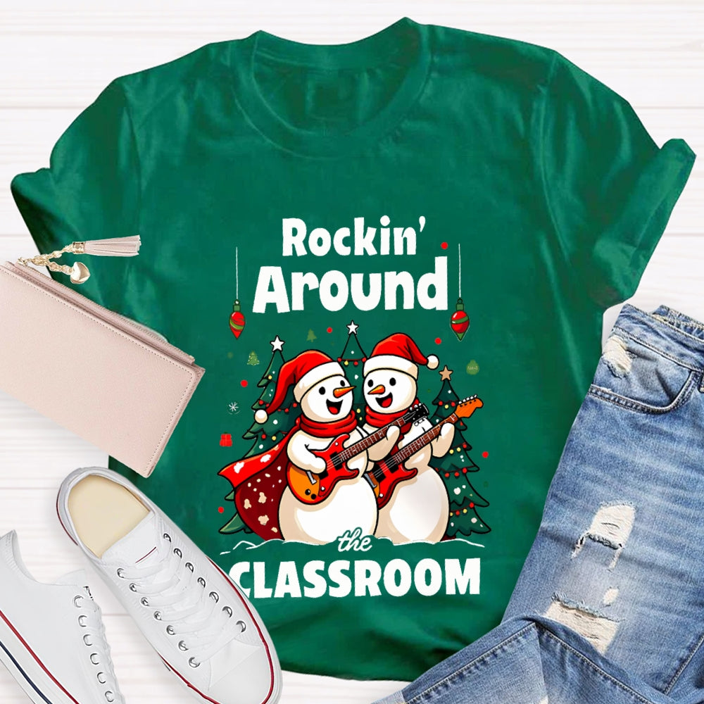 Rockin Around The Classroom Snowman Playing Guitar Christmas T-shirt