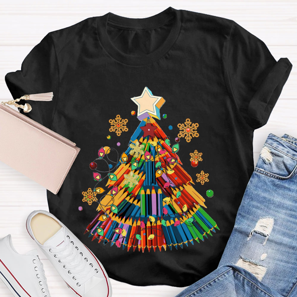 Colorful Crayon Christmas Tree Snowflakes And Colorful Lights Art Teacher T-shirt