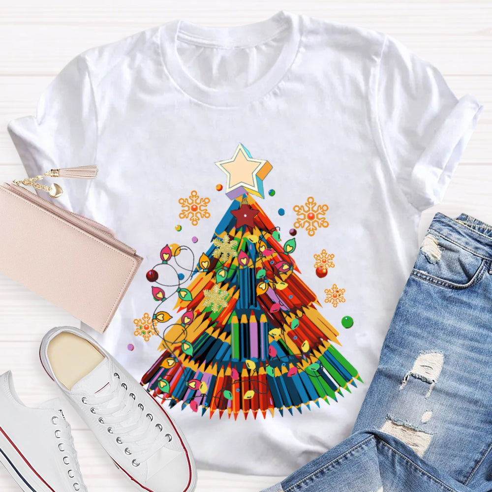 Colorful Crayon Christmas Tree Snowflakes And Colorful Lights Art Teacher T-shirt