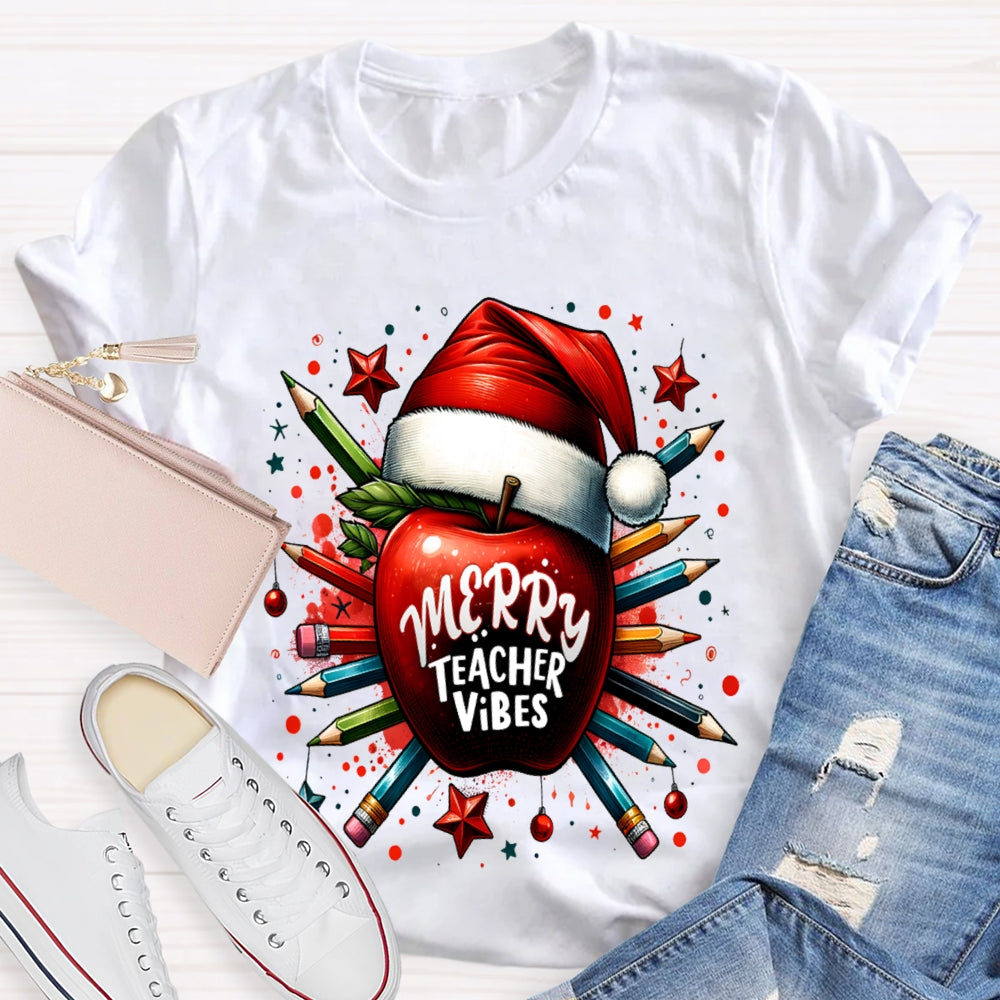 Merry Teacher Vibes Christmas Hat And Peace Apple T-shirt