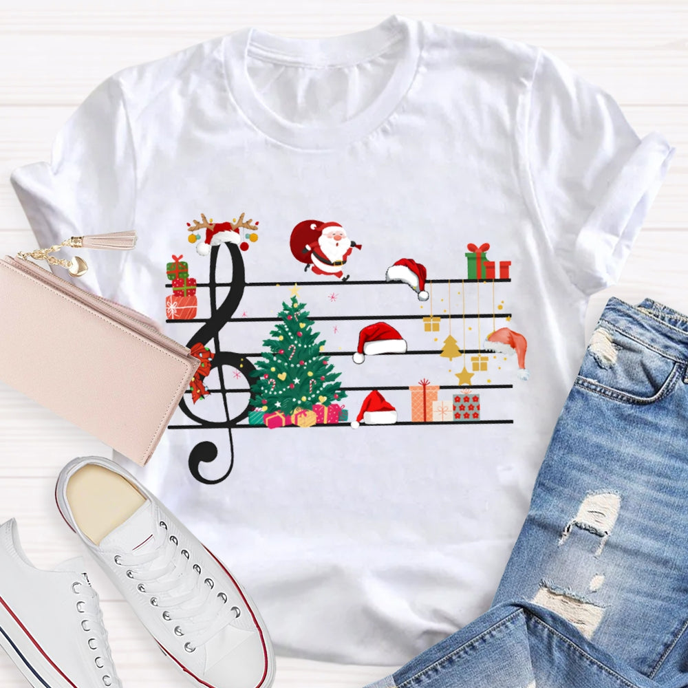 Christmas Tree Santa Claus And Santa Hat On Music Sheet Music Teacher T-shirt