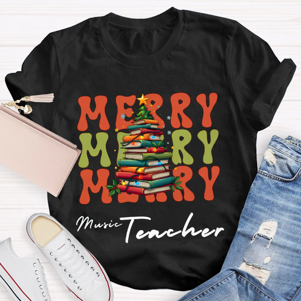 Merry Music Teacher Christmas Book Tree Christmas T-shirt