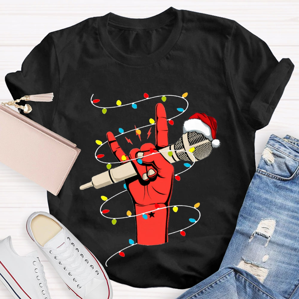 Holding A Microphone Wearing A Santa Hat And Christmas Lights T-shirt