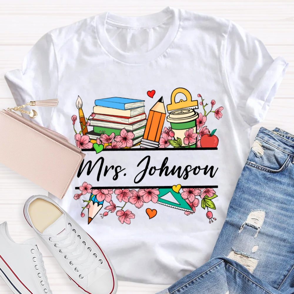 Personalized Name Colorful Flowers Teacher T-shirt