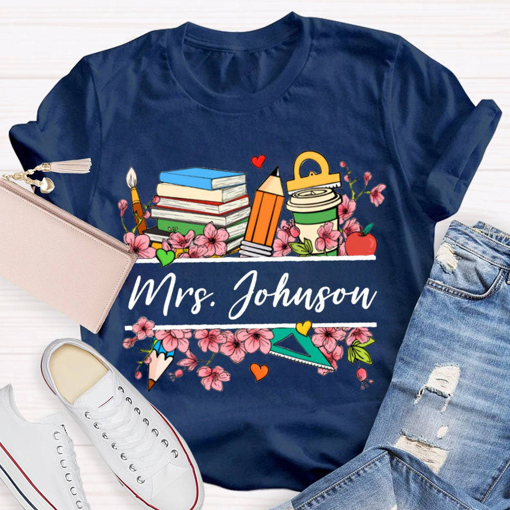 Personalized Name Colorful Flowers Teacher T-shirt