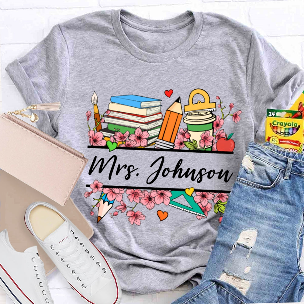 Personalized Name Colorful Flowers Teacher T-shirt
