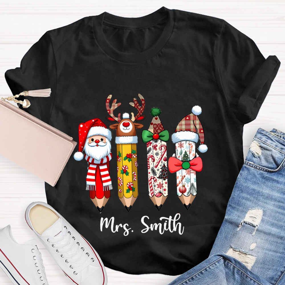 Personalized Name Santa Claus Christmas Hat Pencil Print T-Shirt
