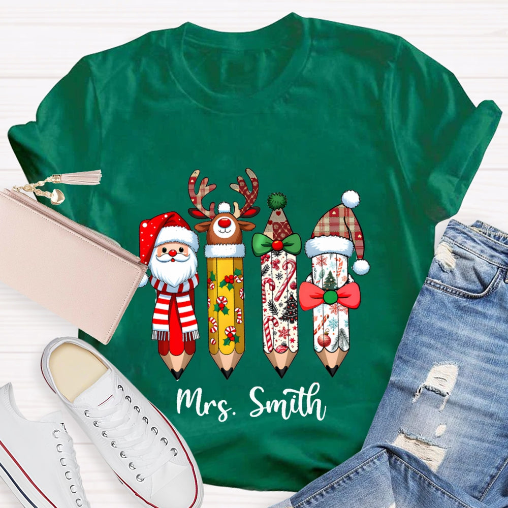 Personalized Name Santa Claus Christmas Hat Pencil Print T-Shirt