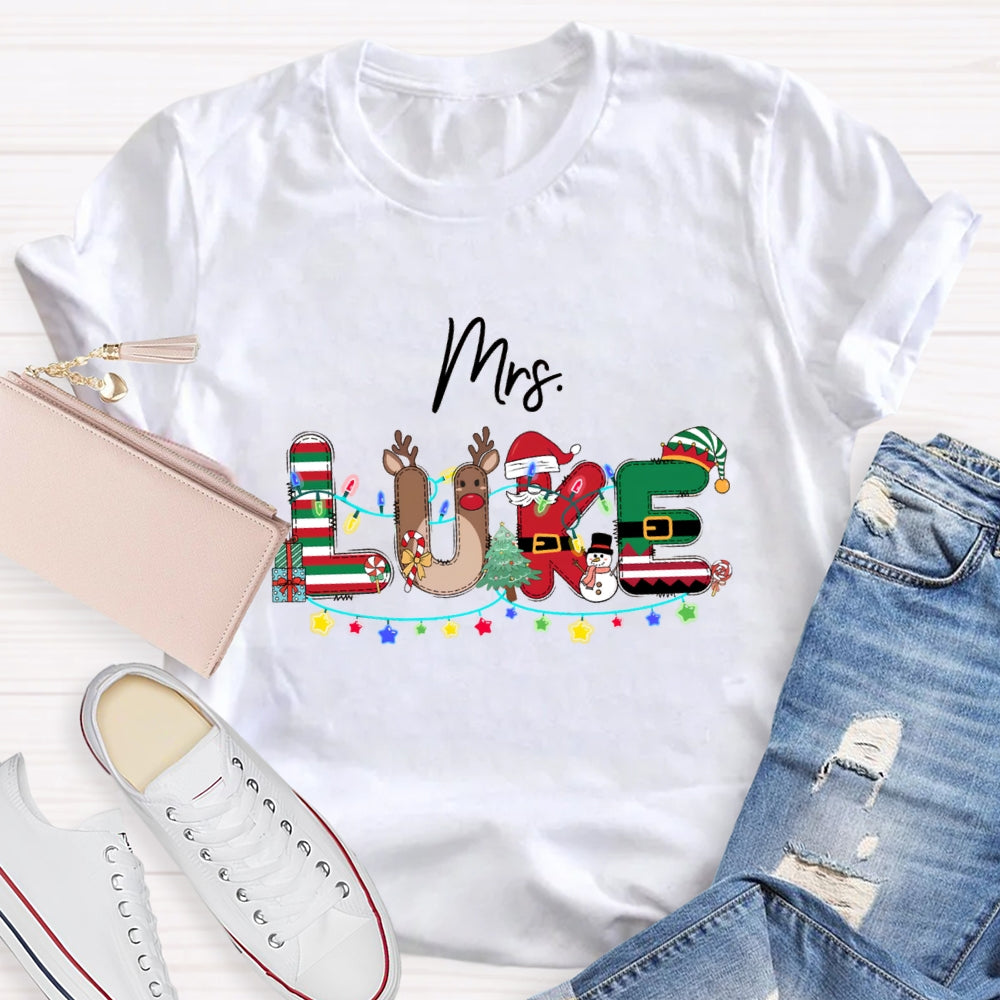Personalized Name Christmas Red And Green Striped Print T-Shirt