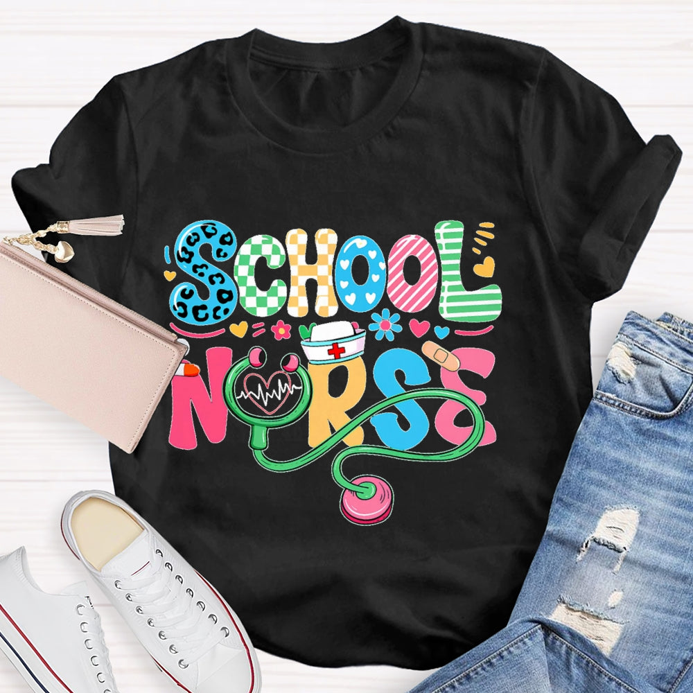 School Nurse Flower Letters T-shirt