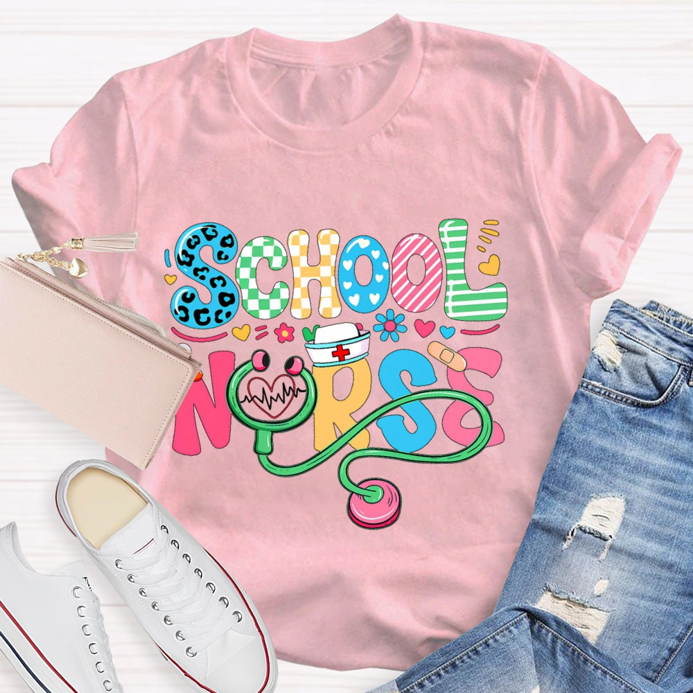 School Nurse Flower Letters T-shirt