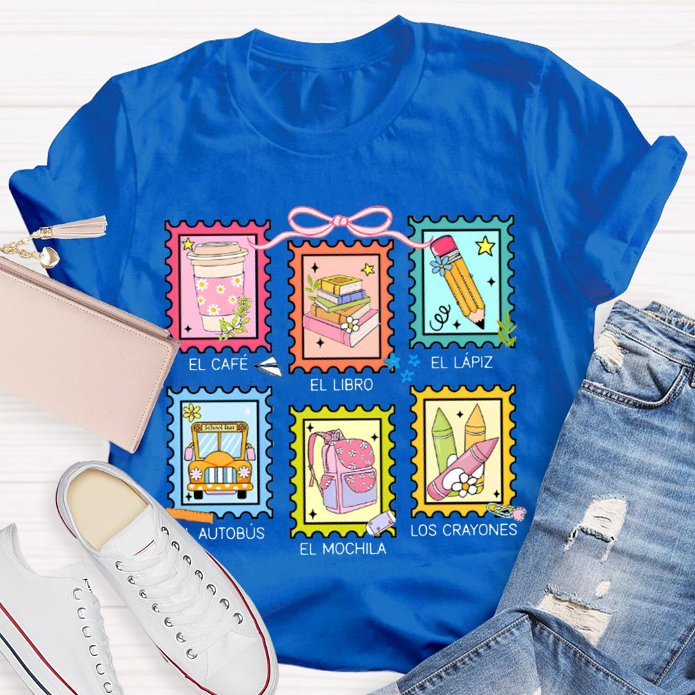 El Cafe El Libro El Lapiz El Autobus El Mochila Los Crayones Bilingual Teacher T-shirt