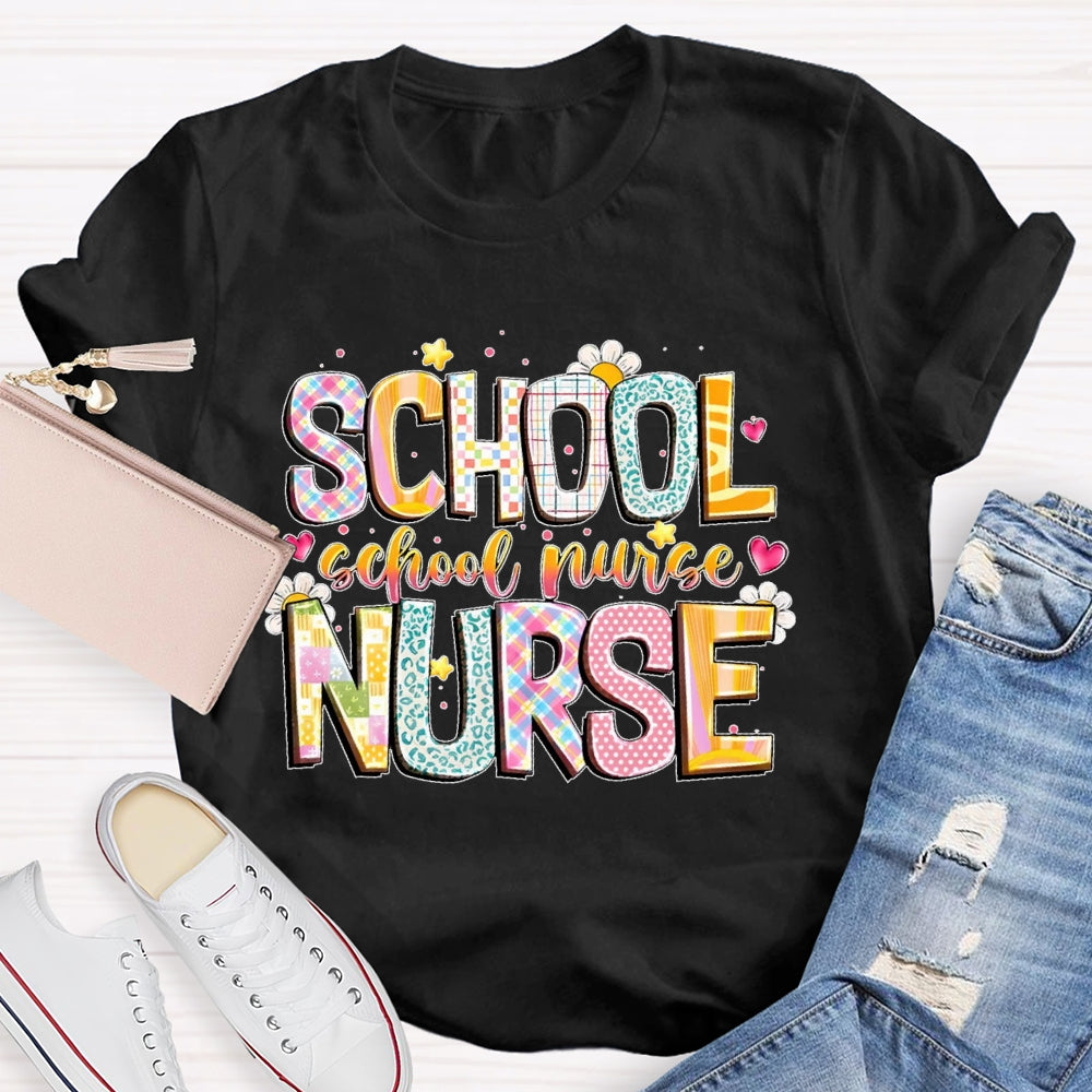 School Nurse Cute Flower Letters T-shirt