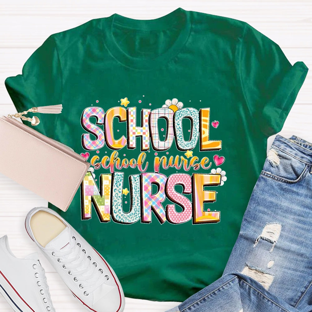 School Nurse Cute Flower Letters T-shirt