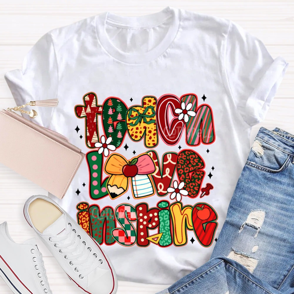 Teach Love Inspire Bow And Christmas Font T-shirt