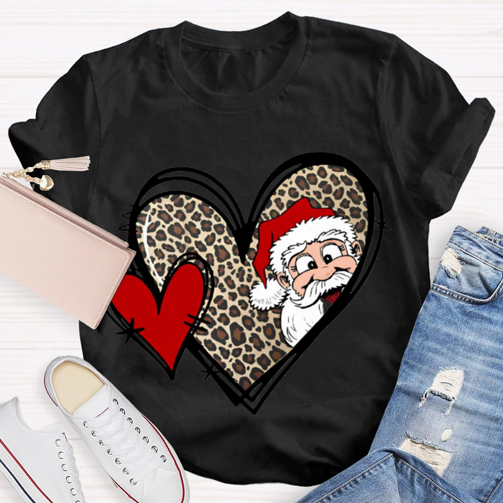 Santa Claus And Leopard Print Heart Christmas T-shirt