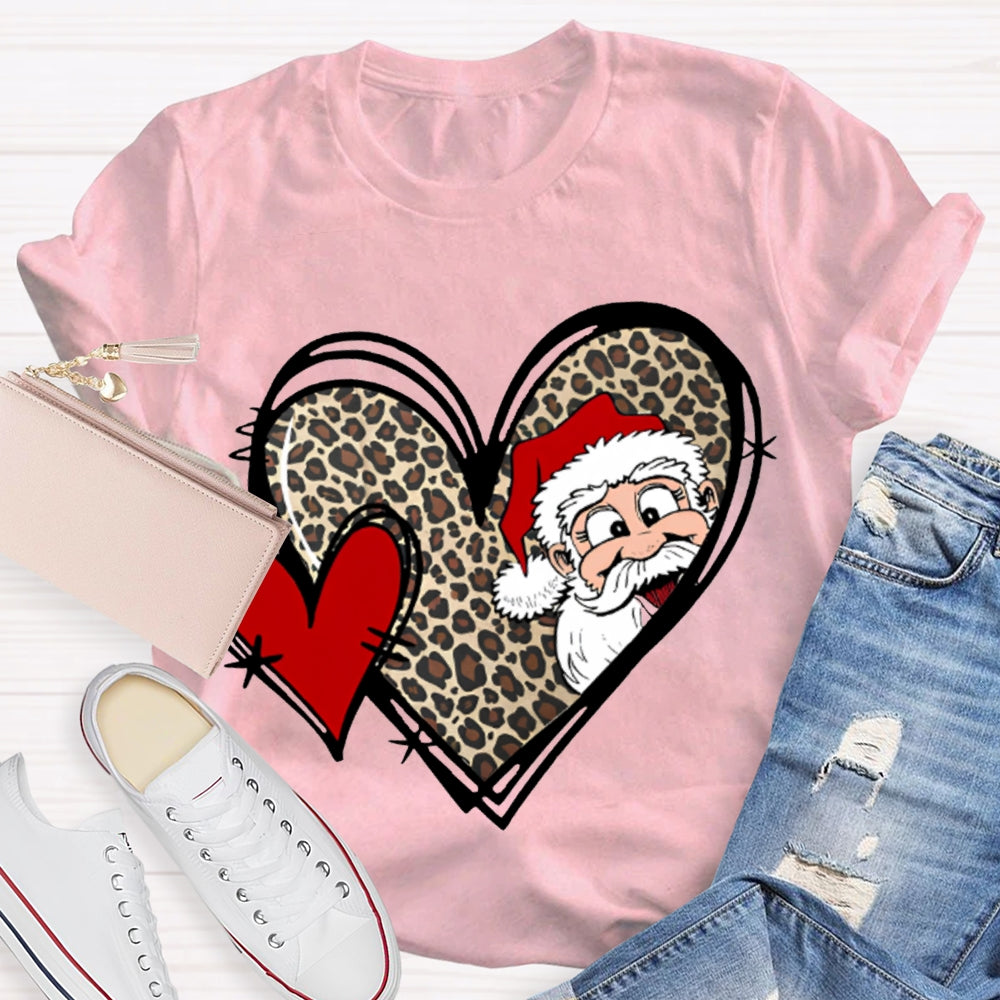 Santa Claus And Leopard Print Heart Christmas T-shirt