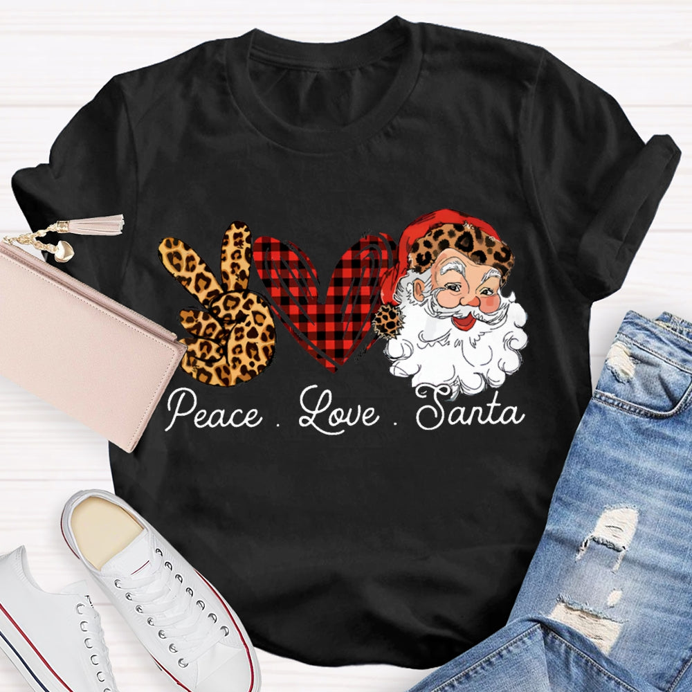 Peace Love Santa Heart And Leopard Print Elements Christmas T-shirt