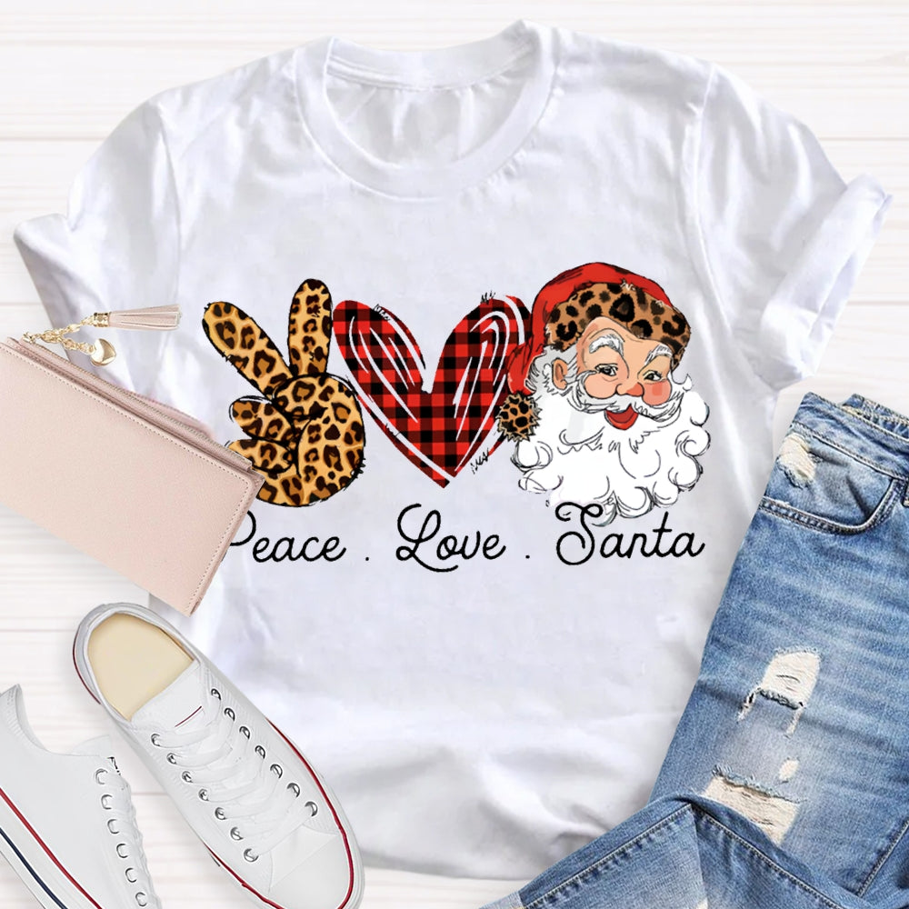 Peace Love Santa Heart And Leopard Print Elements Christmas T-shirt