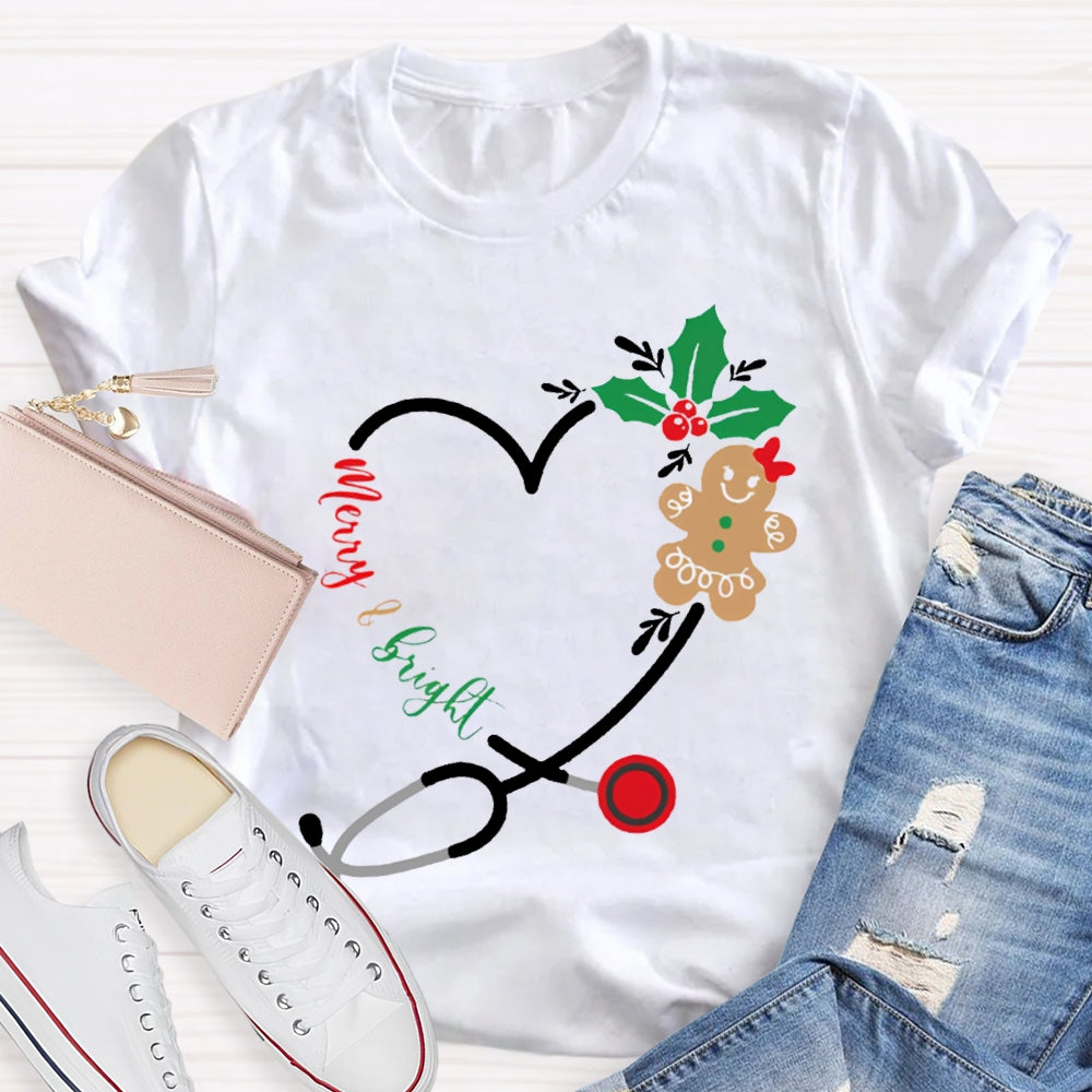 Merry And Bright Christmas School Nurse  Stethoscope T-shirt