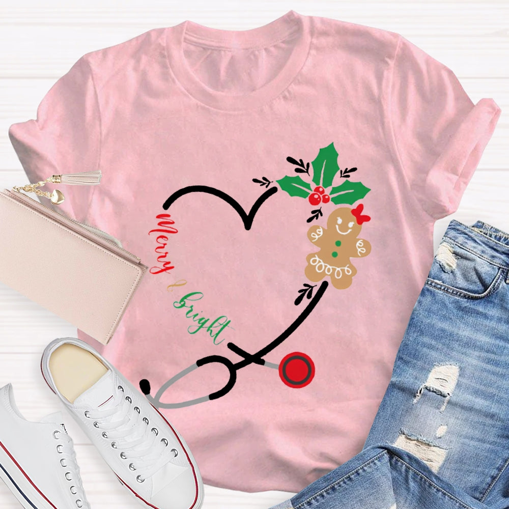Merry And Bright Christmas School Nurse  Stethoscope T-shirt