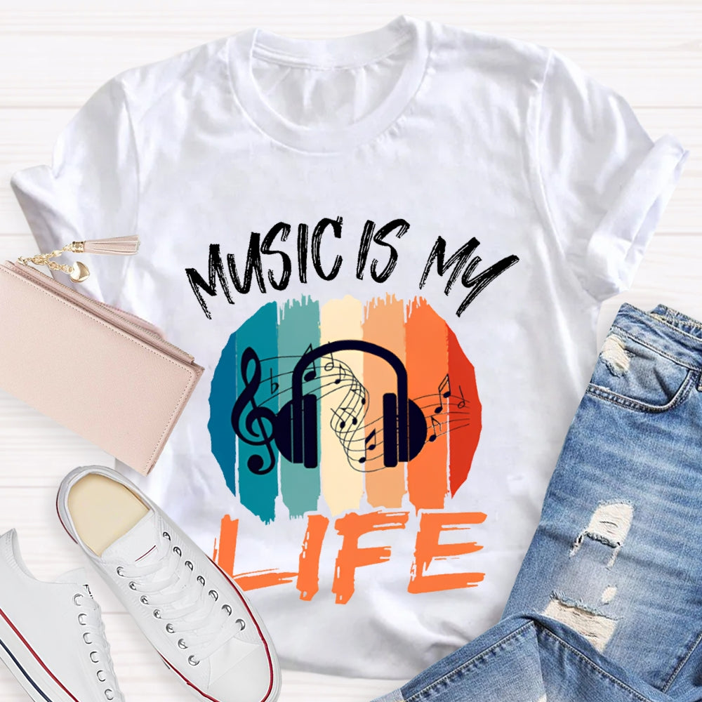 Music Is My Life Colorful Square Print T-shirt